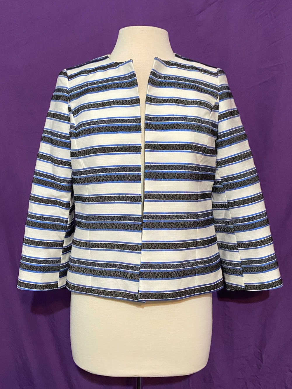 Kasper Navy and White Striped Collarless Jacket. Size PS.